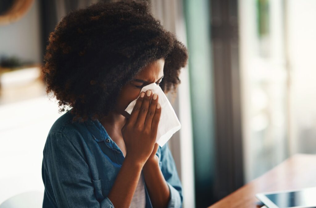 An adult holds a tissue to their face, blowing their nose.