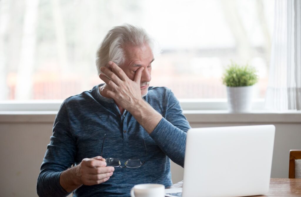 An older adult sitting in front of a laptop, wiping their dry eyes while holding their glasses.