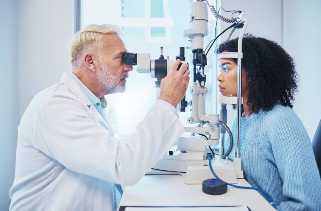 Person getting their eyes evaluated by an optometrist.