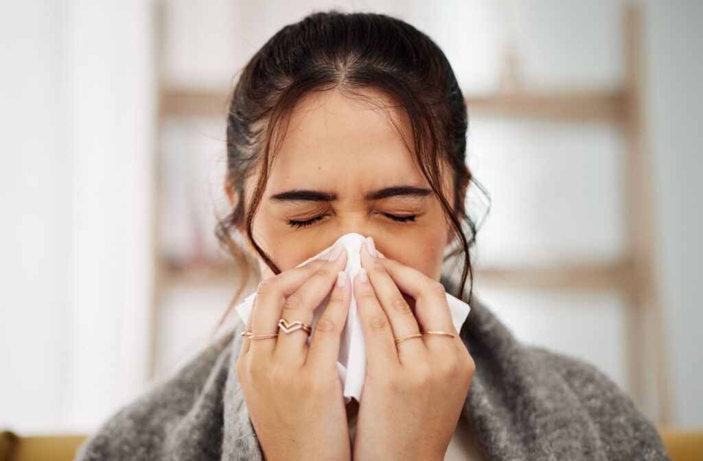 A woman blowing her nose, experiencing symptoms of a sinus infection and dry eyes.