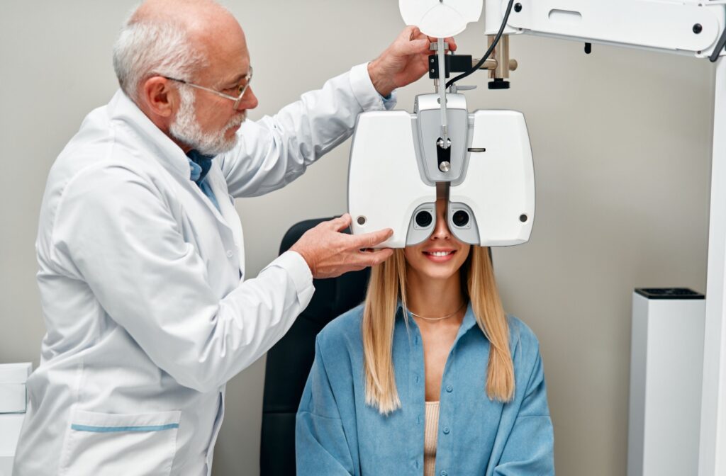A patient undergoing a diabetic eye exam with an optometrist