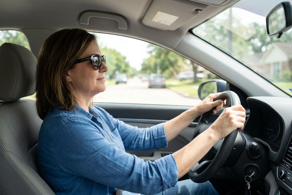 Adult wearing sunglasses driving a car through a residential neighborhood, both hands on the steering wheel, facing forward.