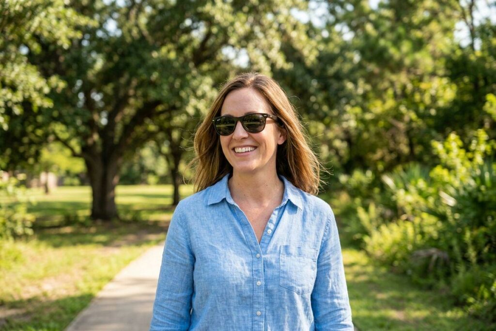 Smiling adult with sunglasses and long hair standing on a park path surrounded by green trees and grass.